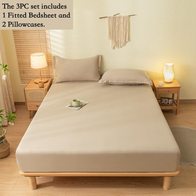 3pcs Solid Elastic Fitted Sheet Set, Full Coverage Non-Slip Mattress Protector, Deep Pocket Fits 5-30cm Mattress, Soft Breathable Durable Bedding, Wrinkle-Free and Fade-Resistant