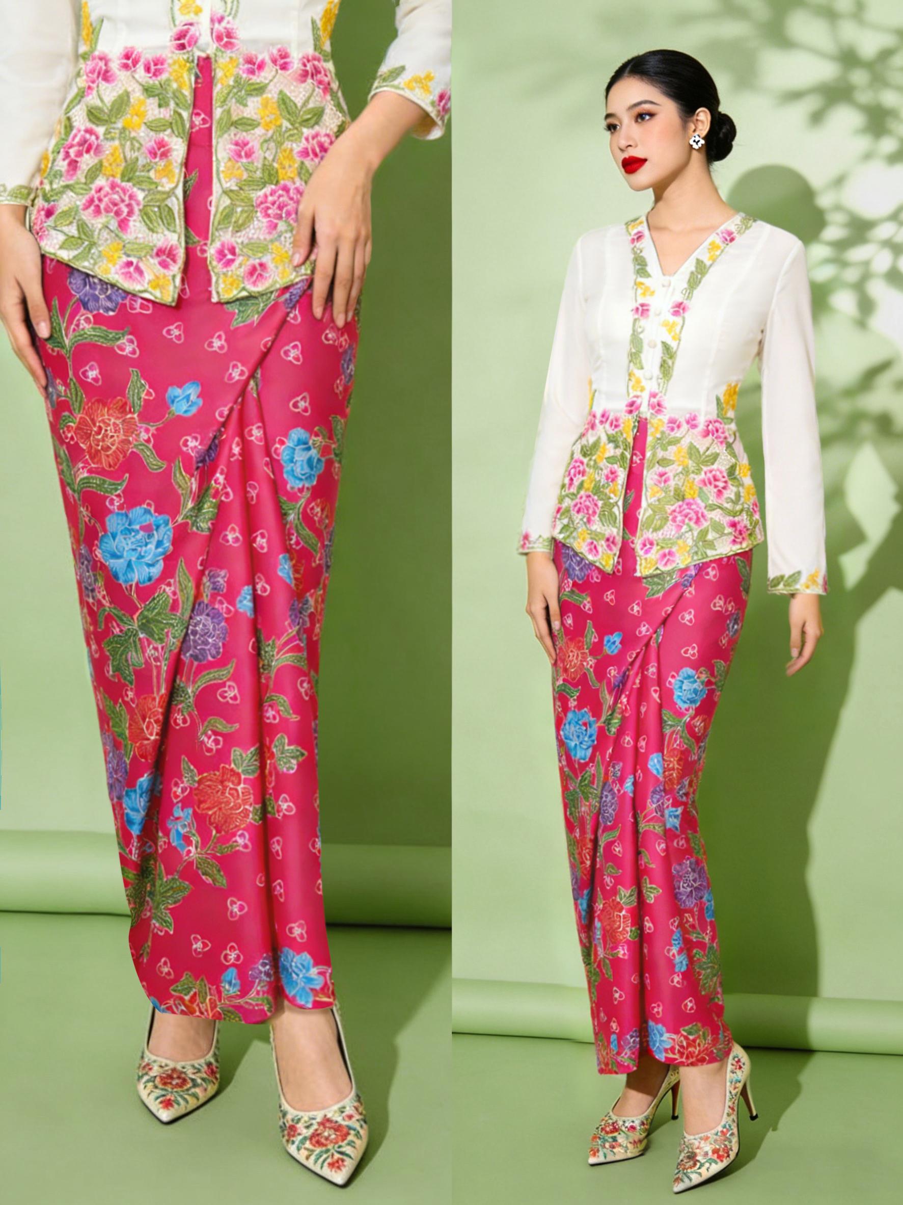 Modern kebaya, women's midi skirt, wrap dress, sarung women's style, Hari Raya Haji 2026, modern baju kurung, festive clothing, engagement festive clothing. Slim cut that accentuates the waist, suitable for women to wear.