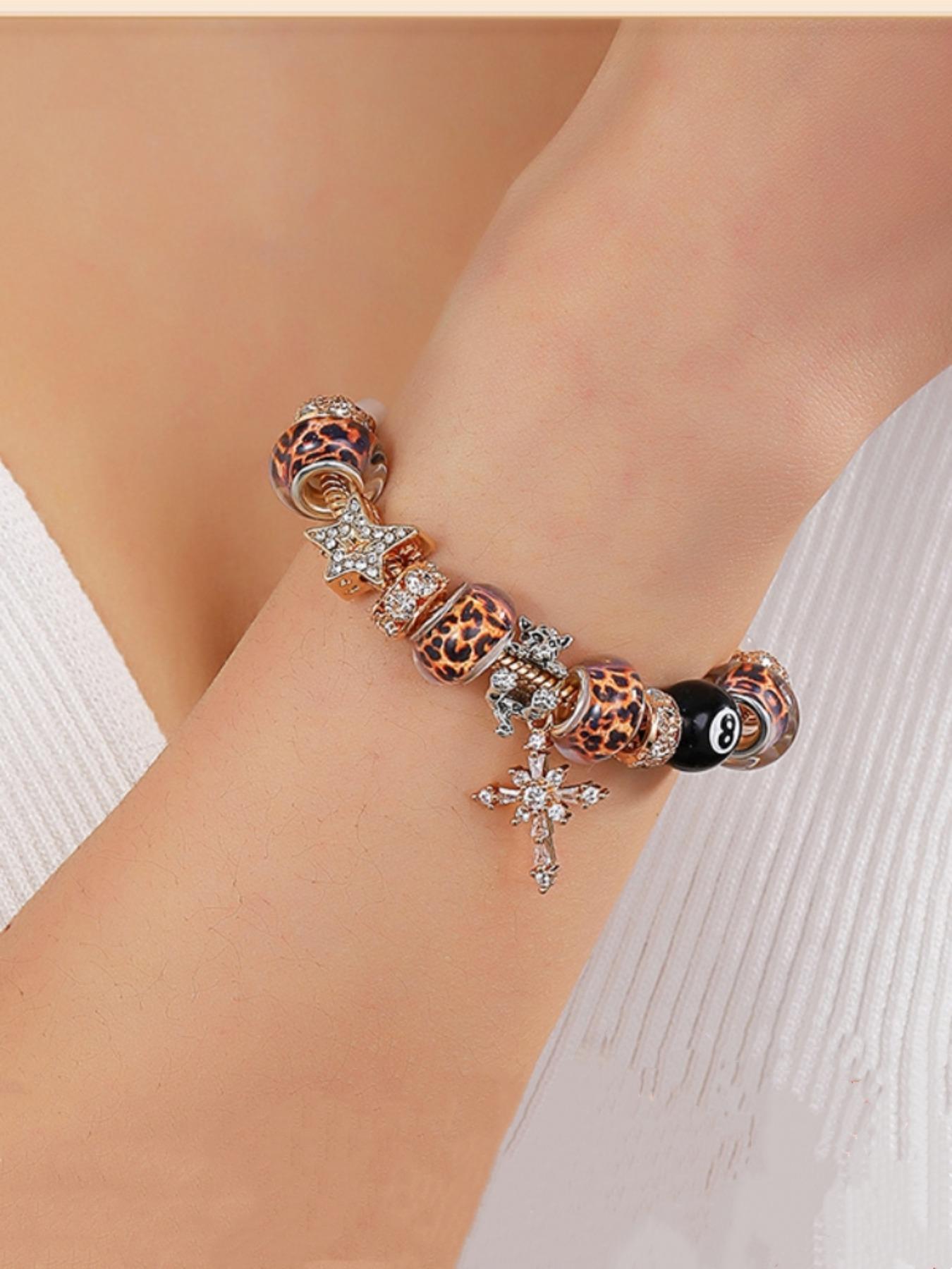 Stainless Steel Zircon Adjustable Beaded Bracelet - Gold Star, Leopard Print, Cross & Black 8 Bead Charm Chain,Couple's Daily Wear ,Meaningful Gift Choice , Guardian-Themed Layering Accessory, Stackable Bracelet