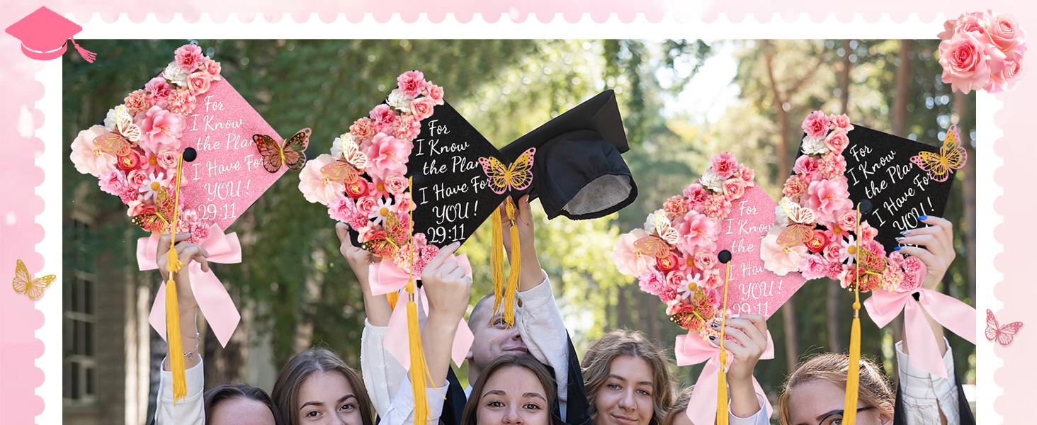 55 Pcs Pink DIY Graduation Cap Decorations Faux Assorted Flowers Pink Bows 3D Butterfly Stickers Glitter Alphabet Letter Number Decals for DIY Hat Grad Cap Topper Graduation Party Supplies