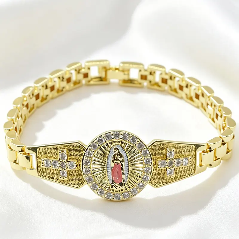 Vintage Religious Rhinestone Mary Cross Bracelet, Unisex, Easter, Thanksgiving, Church Prayer Jewelry, Adjustable Bracelets, Rhinestone Decorated Bracelet