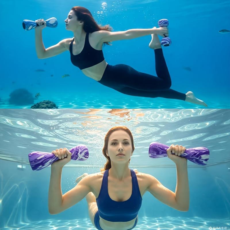 A set of water-based fitness dumbbells. Specially designed for swimming and water-based aerobic exercises. Pool fitness accessories. Home swimming equipment.