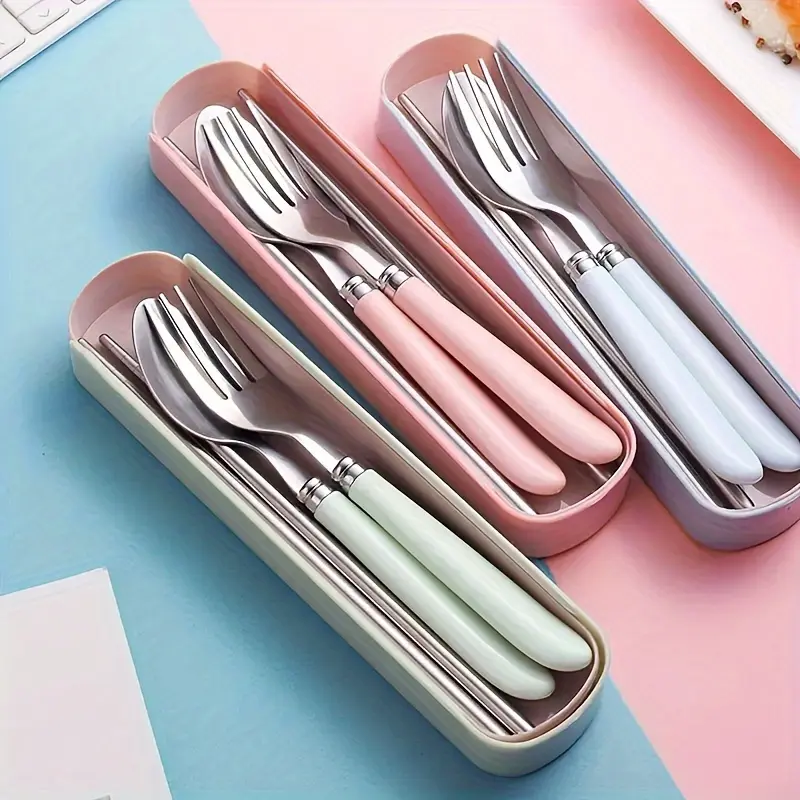 Stainless steel portable cutlery set with storage case - perfect for picnics, camping, and everyday use. Foldable camping cookware and dining table.