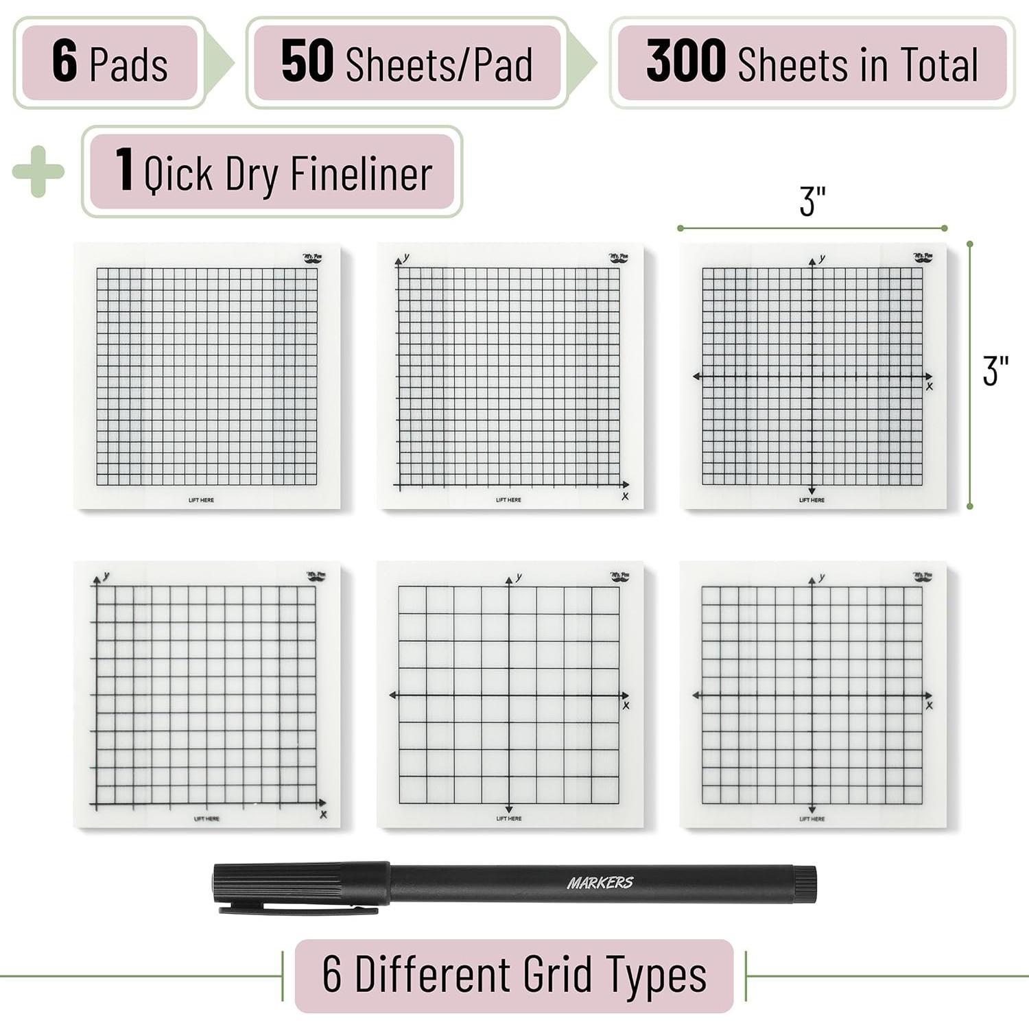 - Transparent Graph Sticky Notes, 3x3 Inch, 6 Pads, 50 Sheets/Pad, 6 Grid Designs, Square Graph Paper Notes & Fineliner,  Grid Sticky Note Pads for Math, Study, Journals, Planners