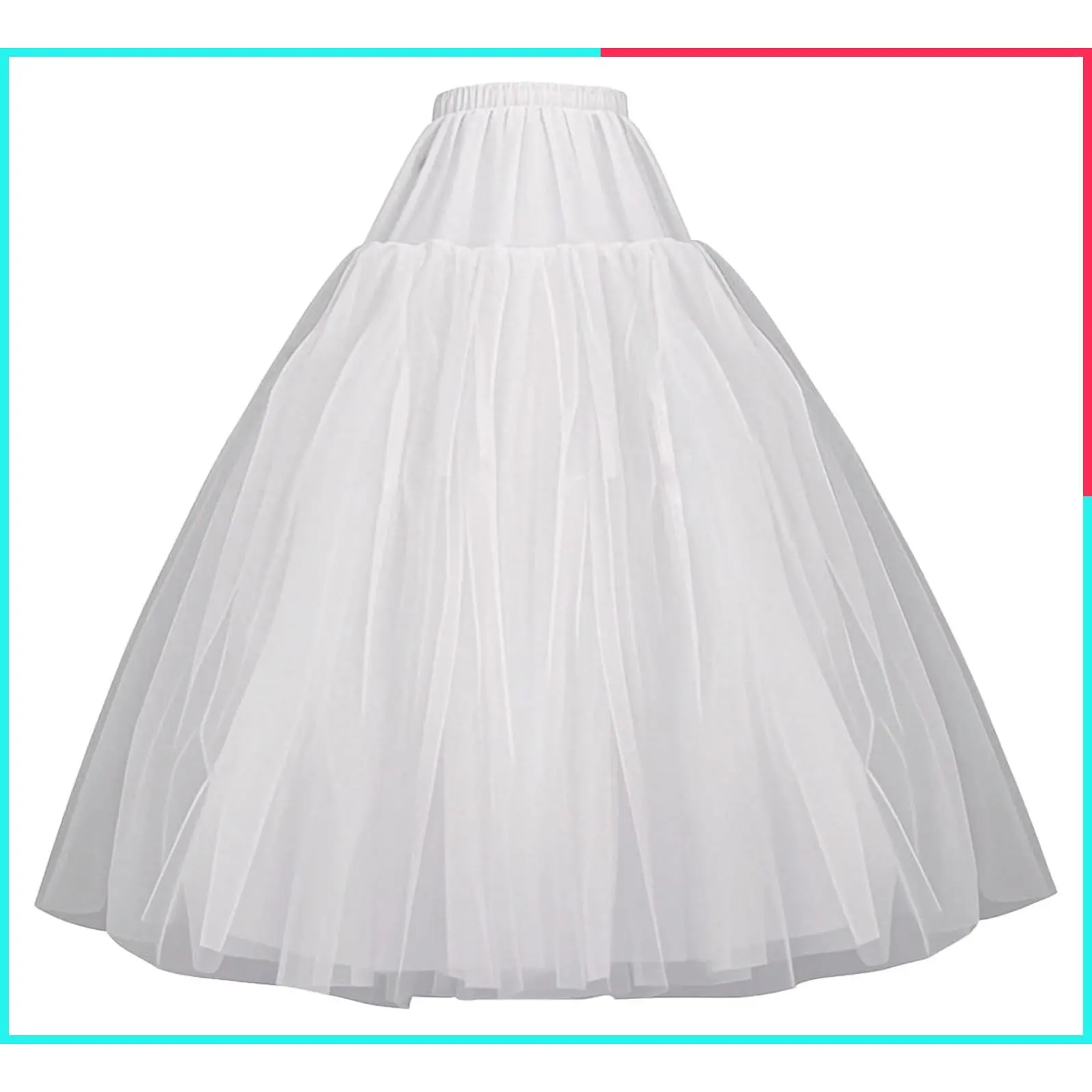 White 4-Layer Tulle A-Line Floor Length Crinoline Petticoat Underskirt with Elastic Waist and Skin-Friendly Lining, Lightweight Hoopless Slip for Quinceañera, Wedding, Prom Ball Gown