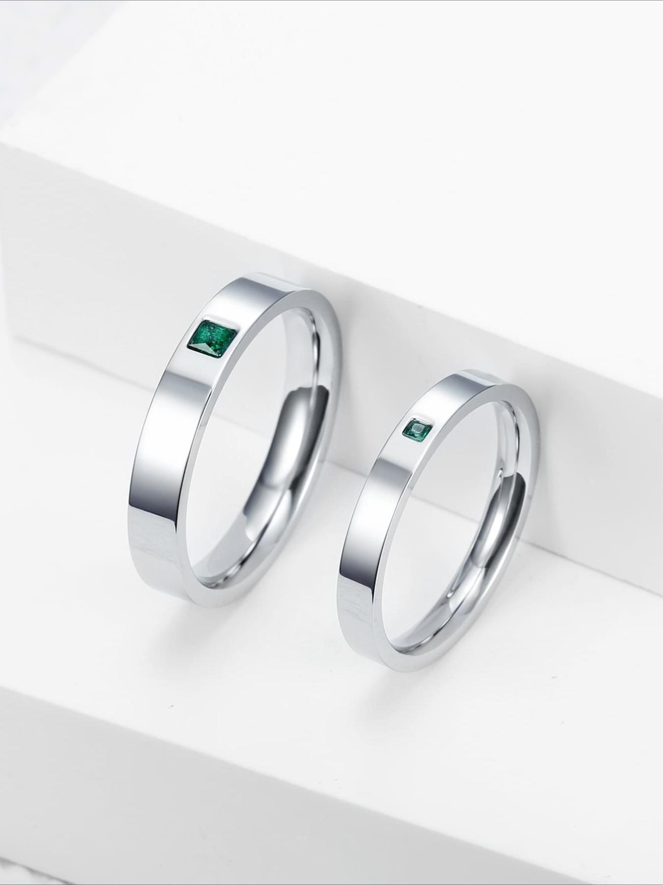 Light Luxury Stainless Steel Green Zircon Couple Ring Minimalist Flat Plain Ring Stainless Steel Non Fading Couple Anniversary Gift