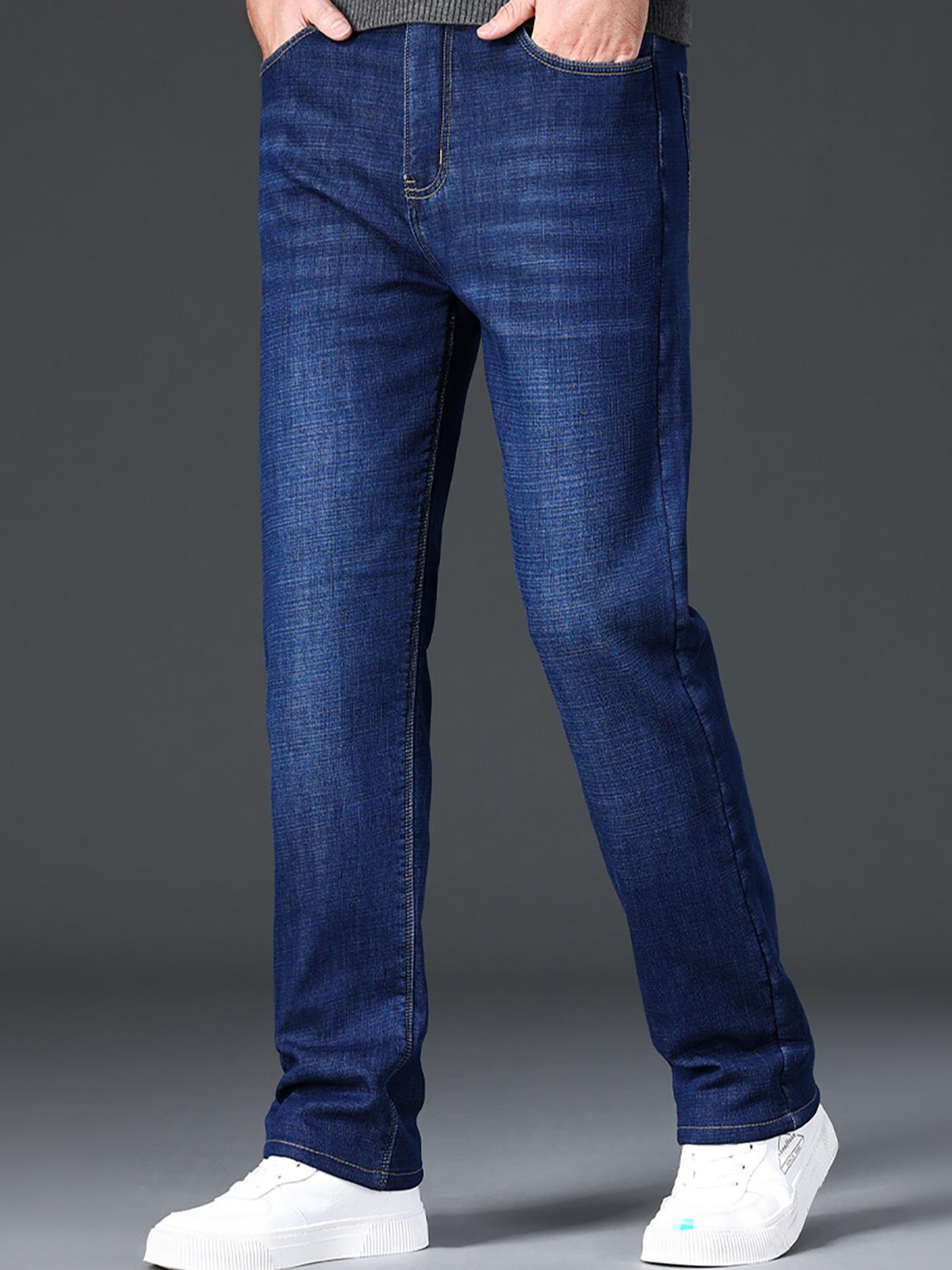 Men's Thickened Winter Fleece Jeans, Classic Loose Straight Leg High Waist Casual Elastic Pants, Warm Long Denim Trousers for Fall & Winter, Fashion Jean Bottoms