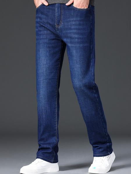 Men's Thickened Winter Fleece Jeans, Classic Loose Straight Leg High Waist Casual Elastic Pants, Warm Long Denim Trousers for Fall & Winter, Fashion Jean Bottoms
