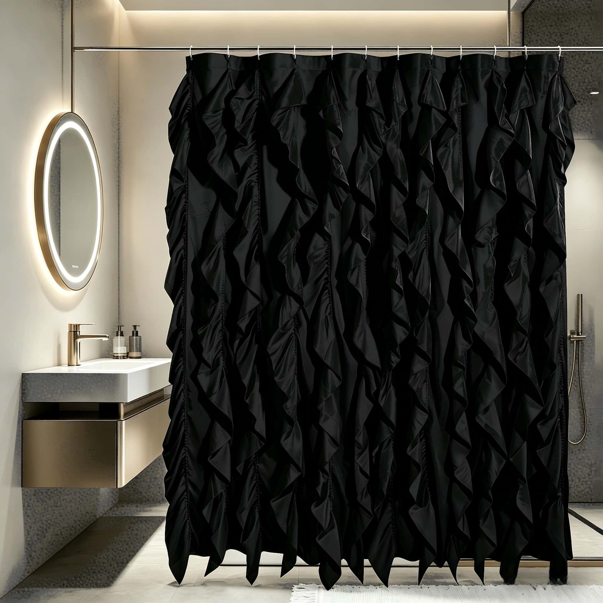 Elegant Ruffled Fringe Bath Curtain, Polyester Fiber, Artistic Ripple Design, Easy Hang Hook, Bathroom Decor, Stylish Shower Curtain