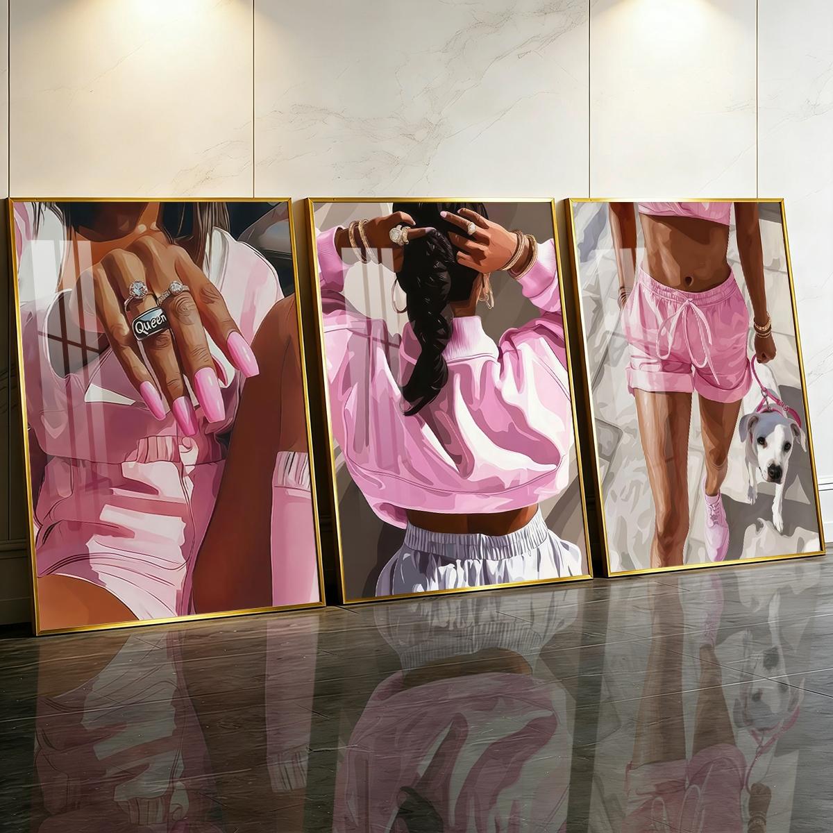 3 Counts Aluminum Alloy Framed Painting, Pink Fashion Woman With Dog And Jewelry Pictures, Home Decoration For Living Room, Bedroom, Office, Restaurant, Hallway Wall Decor, Odorless Print Artwork, Luxury Perfect Gift For Friends And Family