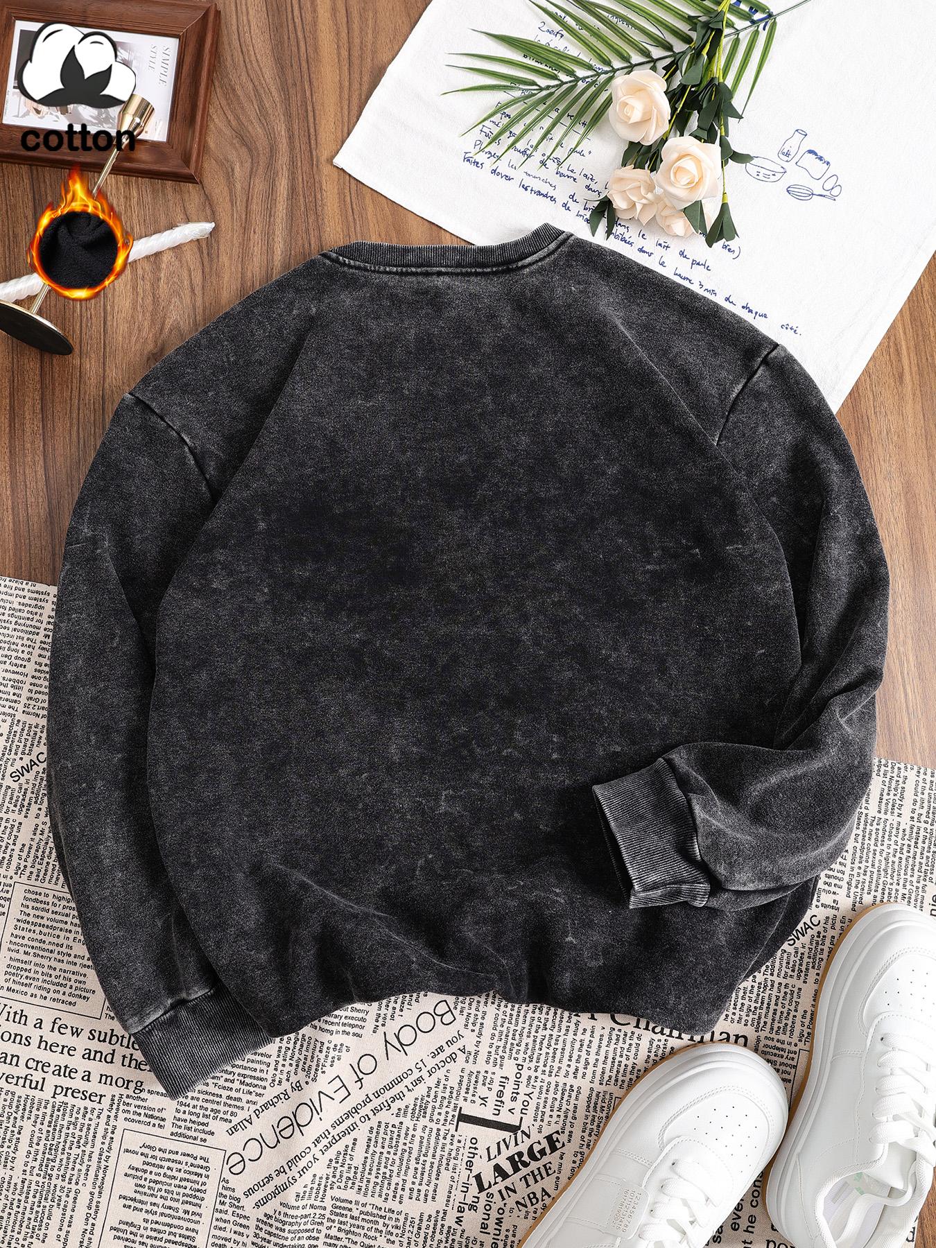 Women's Casual Vintage Wash Cotton Fitted Pullover Sweatshirt, Round Neck Long Sleeve Fleece Lined Hoodie for Fall Winter Fashion