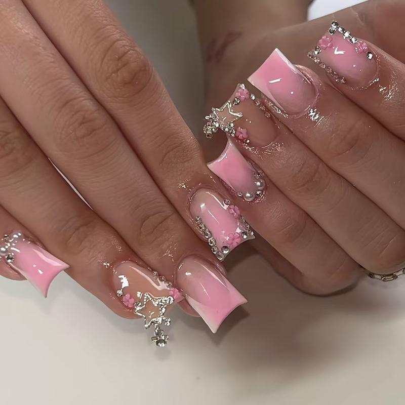Elegant 24-Piece Medium Duckbill Shaped Fake Nails Set, Glossy Light Ombre with Chain and Rhinestone Decoration, Easy to Apply for Girls and Women Elegant 24-Piece Medium Duckbill Shaped Fake Nails Set, Glossy Light Ombre with Chain and Rhinestone Decoration, Easy to Apply for Girls and Women