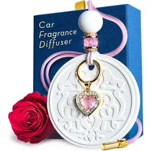 Luxury Car Air Freshener for Women - Refillable & Portable Essential Oil Fragrance Diffuser - Cute Car Accessories & Interior Decor - Mirror Hanging or Vent Clips - Pink Heart Charm, Rose Scent
