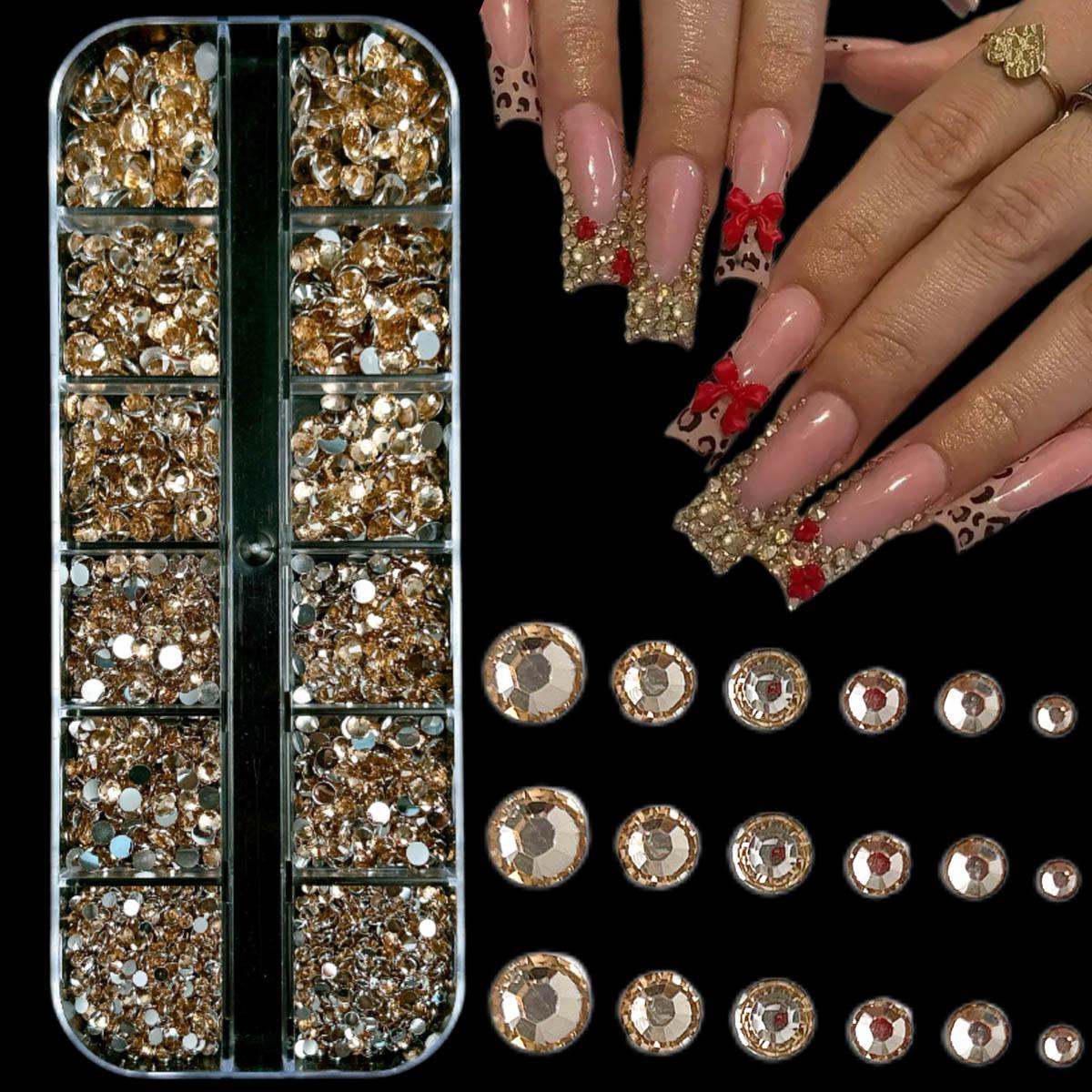 1 Box MultiSized Semi-circular Rhinestones Nail Charms Sparkling Champagne Color Flat Bottomed Resin Diamond Nails for Women DIY Pen Headphones Shoes Nail Art Bling Rhinestone Decoration