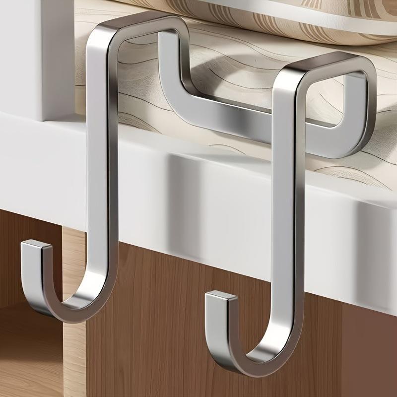 2PC No Drill Stainless Steel Double S Hooks, Over Door Cabinet Hanging Hooks Multi-Purpose Home Storage Organizer Hooks