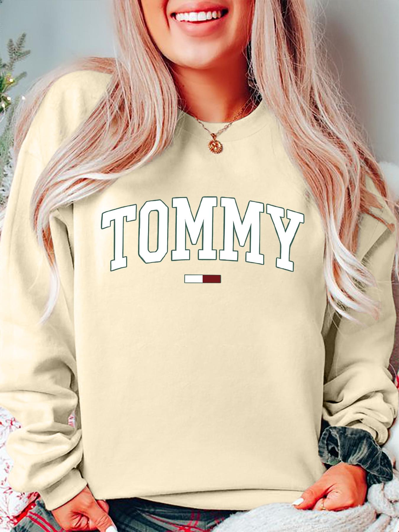 Tommy Pattern Print Long Sleeve Casual Loose Fit Pullover Sweater for Women, Fall & Winter Round Neck Fitted Style