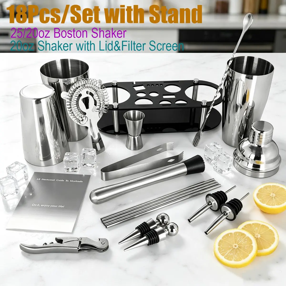 18Pcs Cocktail Shaker Bartending Kit (25oz/25-20oz) | Stainless Steel Bar Tools Set with Black Stand & Cocktail Recipe | Perfect for Home Happy Hour & Party Decor