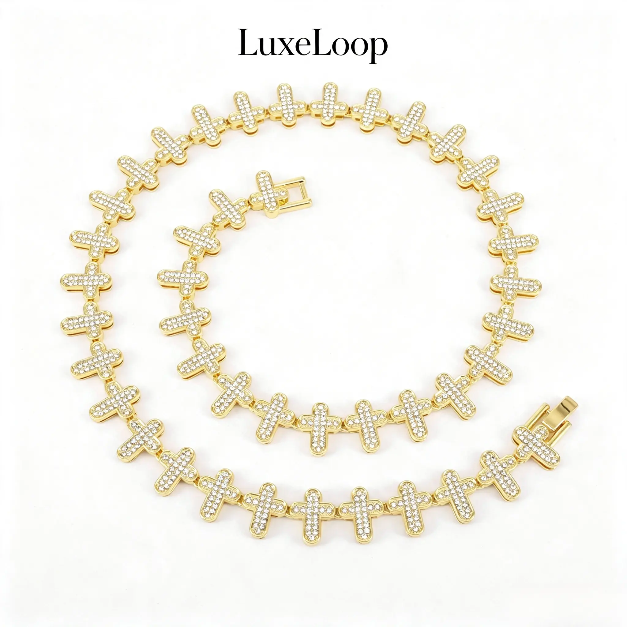 LuxeLoop Unisex Bust Down Mini Cross Link Tennis Necklace Full Paved Cubic Zirconia Gold Silver Tone Secure Box Clasp Iced Out Drip Rapper Streetwear Aesthetic Stackable Daily Club Birthday Valentine Gift for Him Her