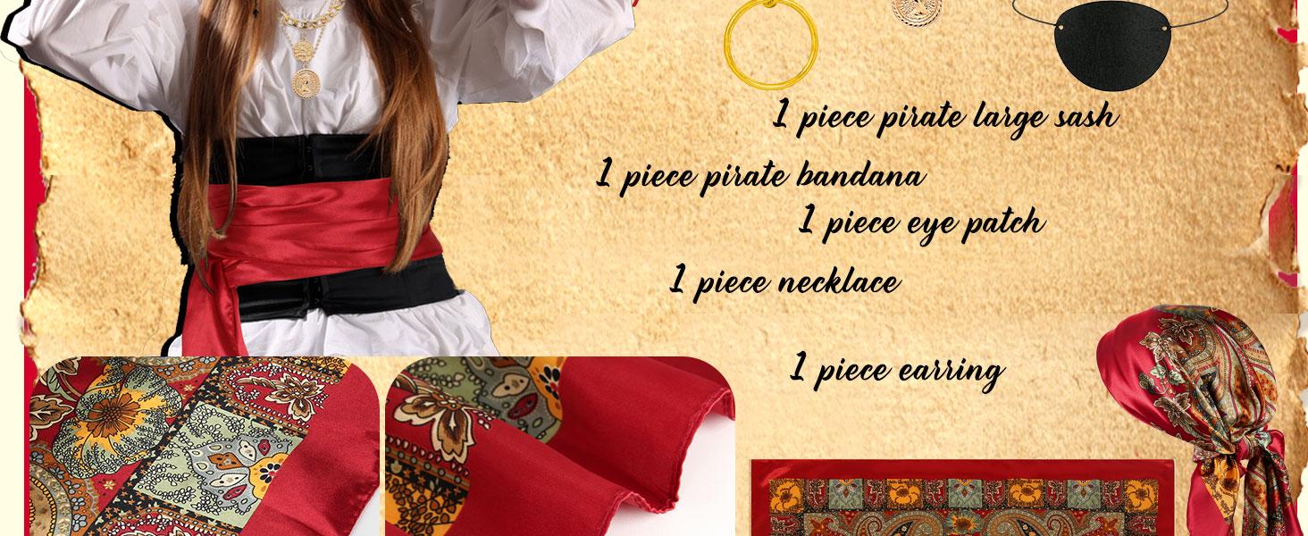 Adult Pirate Theme Plastic Costume Accessory Set - Hat, Head Scarf, Sash, Belt, Gold Dress Add-ons for Special Events
