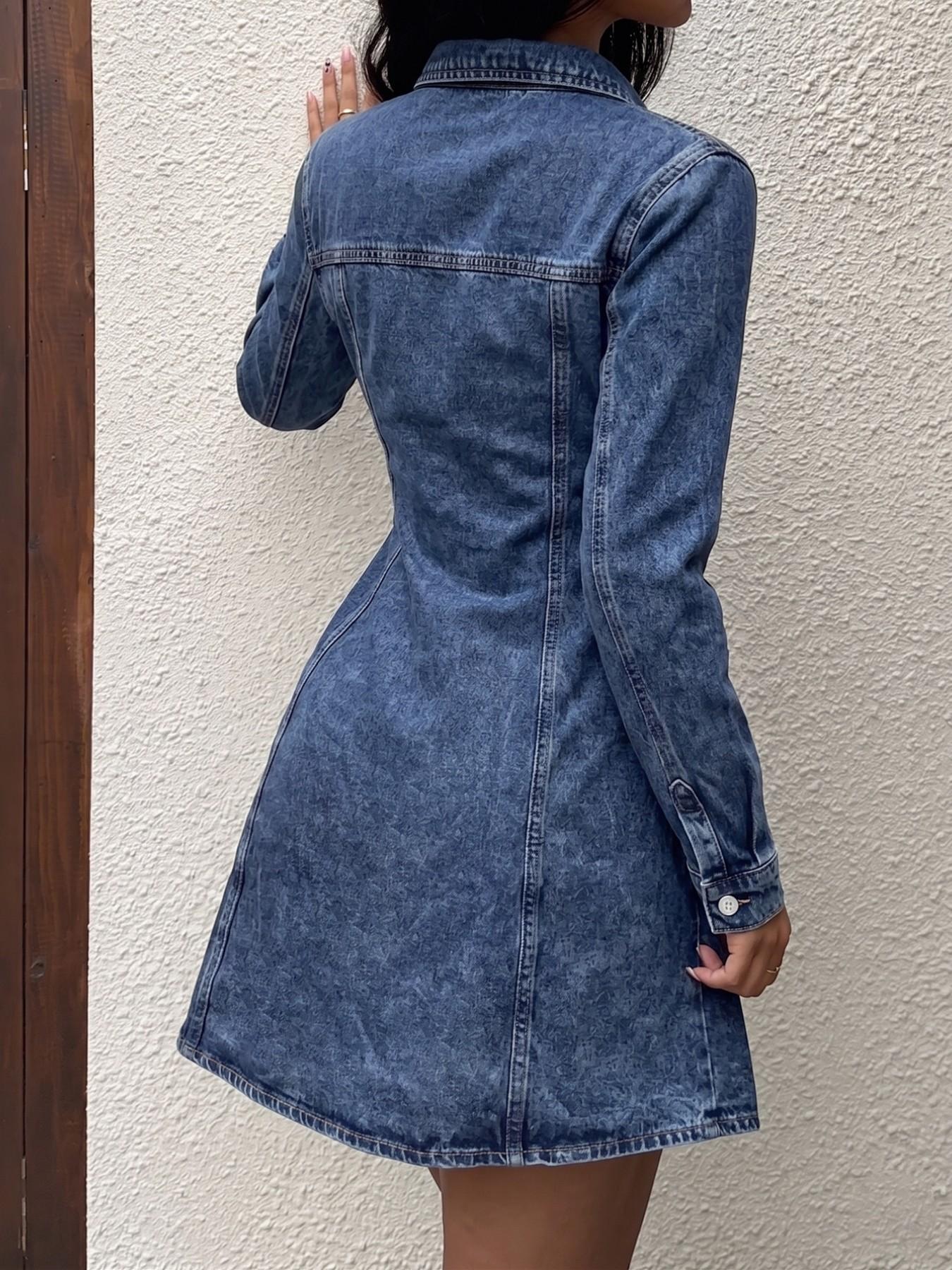 Women's 1 Piece Button Down Collared Denim Shirt Dress, Button Up Dress, Long Sleeve A-Line Mini Dress, Casual Summer Y2K Streetwear for Daily Wear, Beach, Party