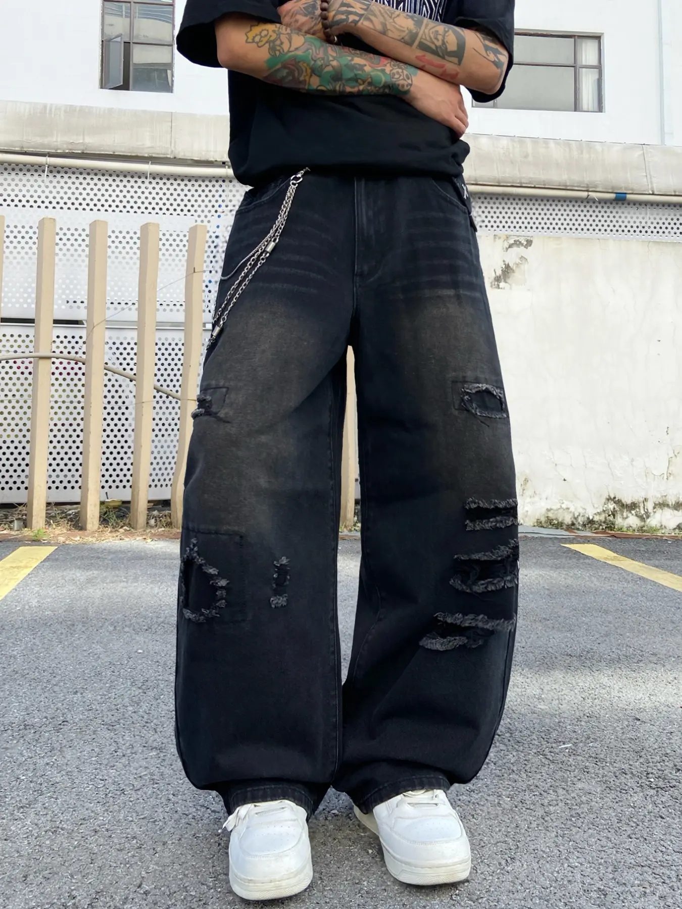 Men's Edgy Streetwear Jeans Patchwork Frayed Detail Denim Pants Wide Leg Relaxed Fit Casual Long Trousers (Belt & Accessories Not Included)