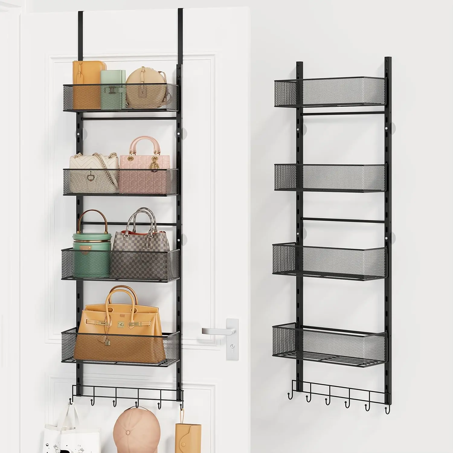 Over the Door Purse Organizer - Durable Metal Frame Wall-Mounted Rack, Multi-Tiered Single Unit with 4 Adjustable Height Metal Baskets, 6 Hooks, Shelf, Functional 1/2 Part Usable Bag Storage for Doors