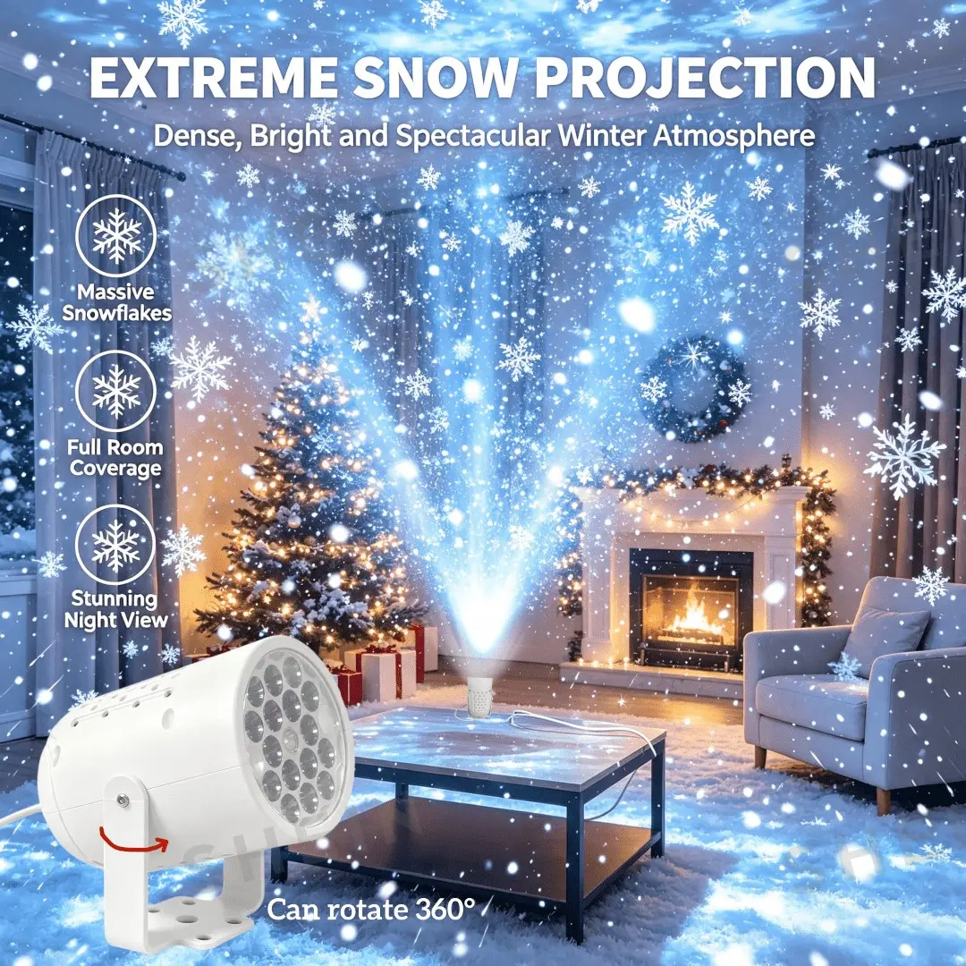 360° Rotatable Snowflake Projector Light, LED Christmas Snow Projection Lamp, Indoor Holiday Decorative Light for Xmas Party, Bedroom, Window & Home Decor