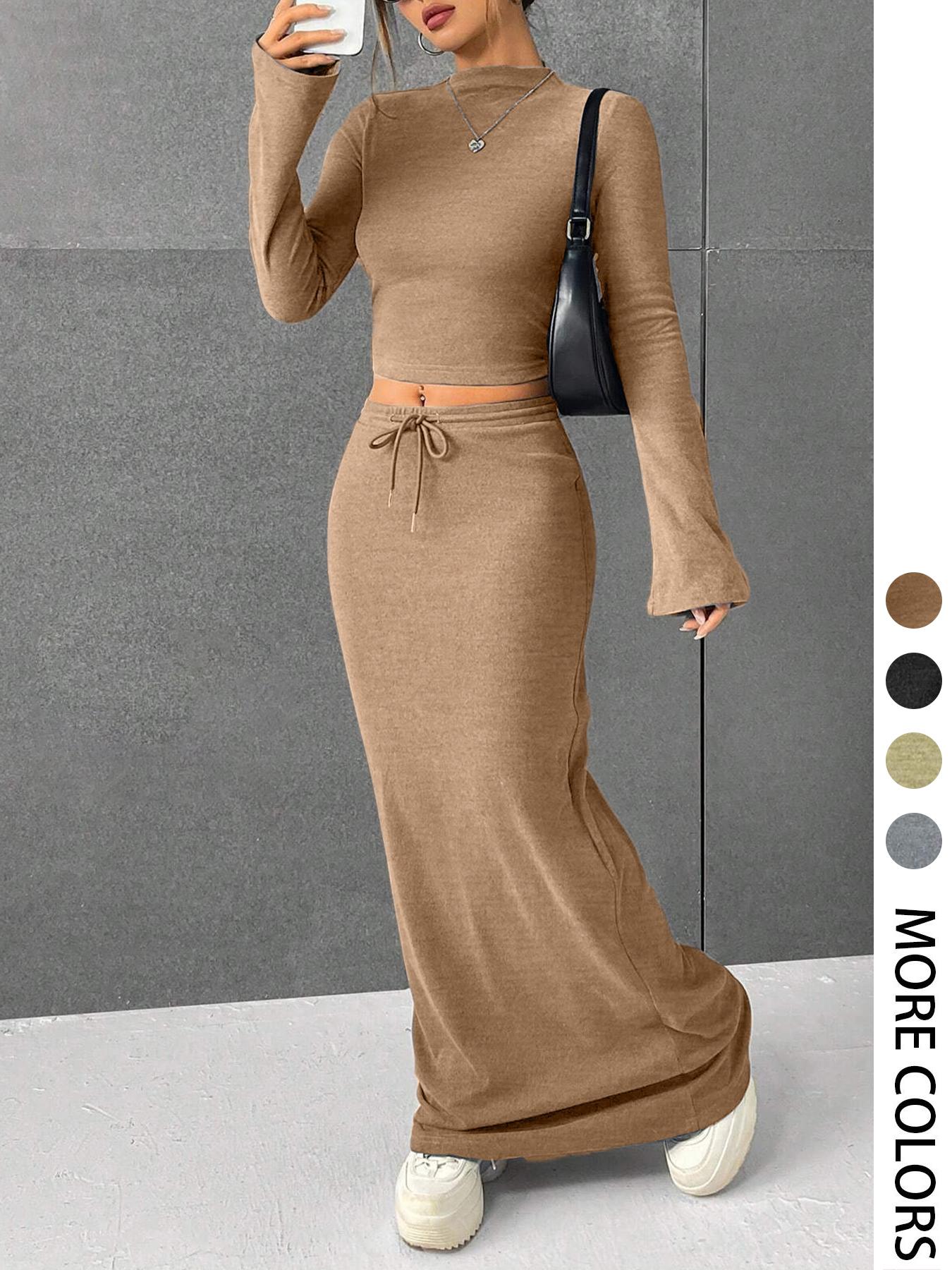 Women's Solid Flounce Sleeve Crop Tee & Drawstring Skirt Two-piece Set for Daily Outdoor Wear, Women's Clothing for Spring & Fall