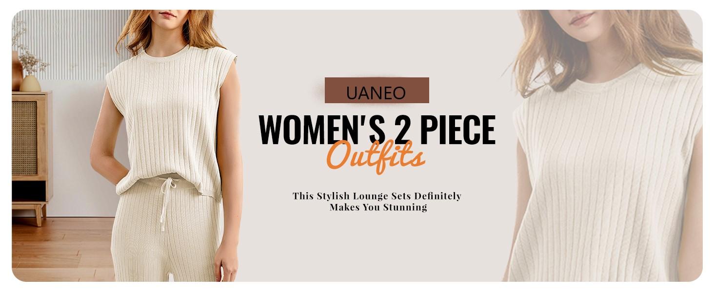 UANEO Women's 2 Piece Outfits Sweater Sets Knit Pullover Tops Sleeveless Vest Wide Leg Pants Lounge Sets Tracksuit Lady Comfort Minimalist #TikTokShopBacktoSchool