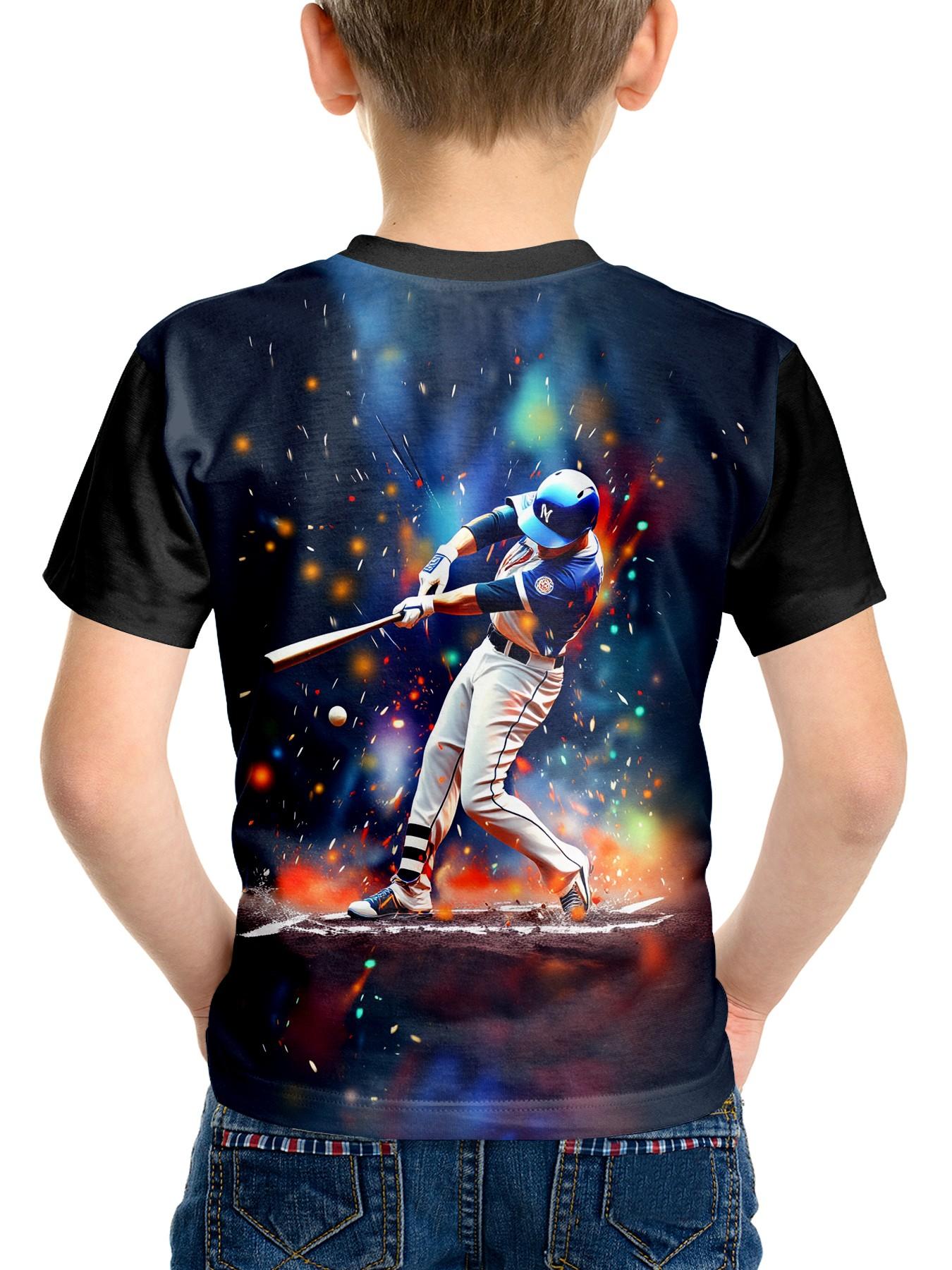 Boy Baseball Player Pattern T-Shirt, Kids Epic Game Day Print, Cool Sports Style Casual Summer Short Sleeve Top, Teenager Wear