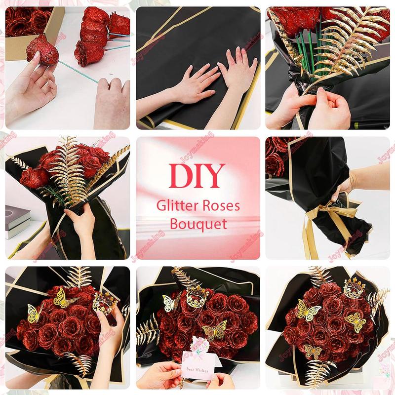 Valentine's Day 24/36 Pcs Glitter Roses Bouquet Set with 3D Butterflies Crowns & Ribbons for Girlfriend Wife Mom Friend Women Gift Perfect for Birthday Engagement Wedding Anniversaries Graduation