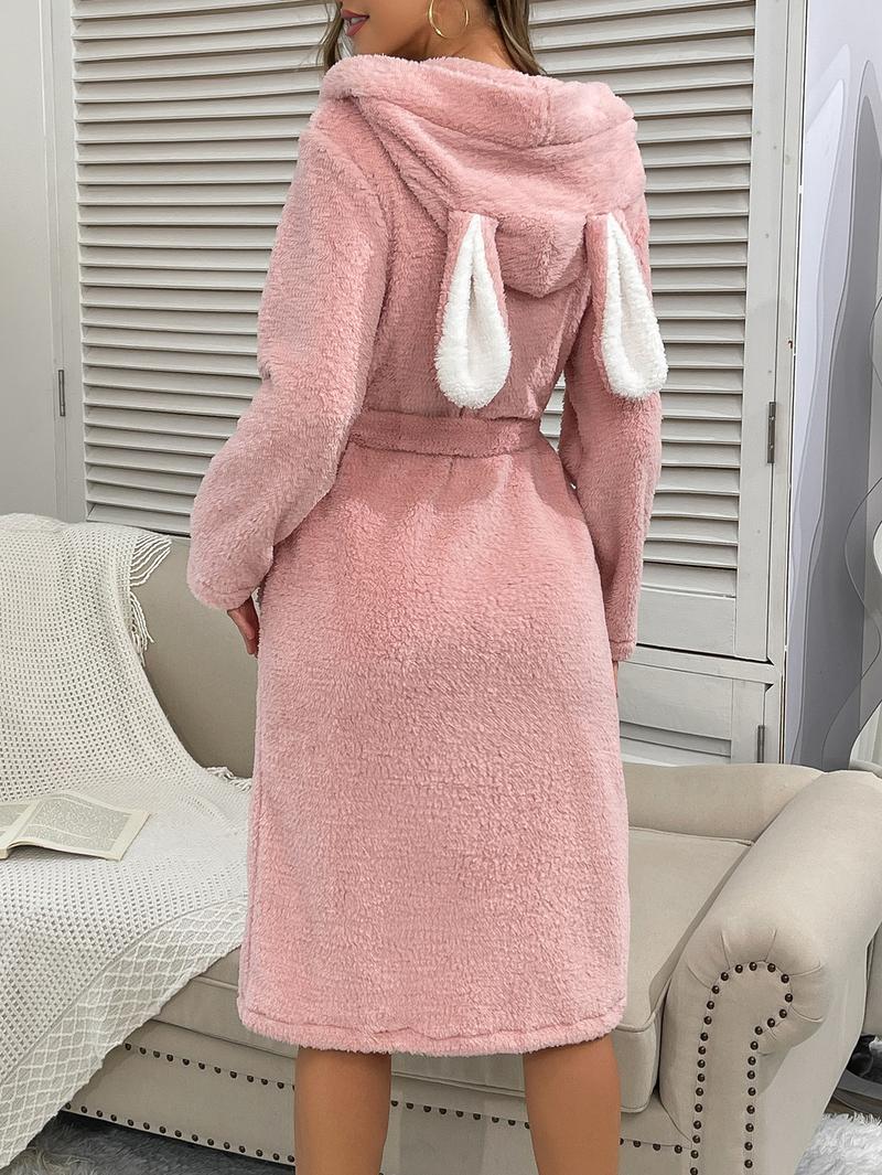 Women's solid colored rabbit ear nightgown, thickened robe, autumn and winter velvet warm home clothes, casual and elegant vacation pajamas for going out