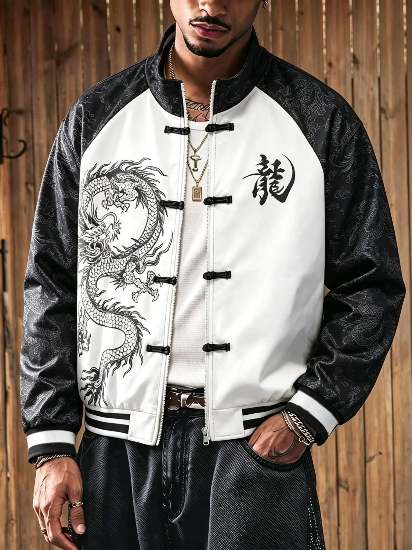 Men's New Traditional Buttoned Baseball Jacket, Colorblock Shoulder Stand Collar Loose Fit, Dragon Pattern Print, Casual Streetwear, Casual Comfy Jacket
