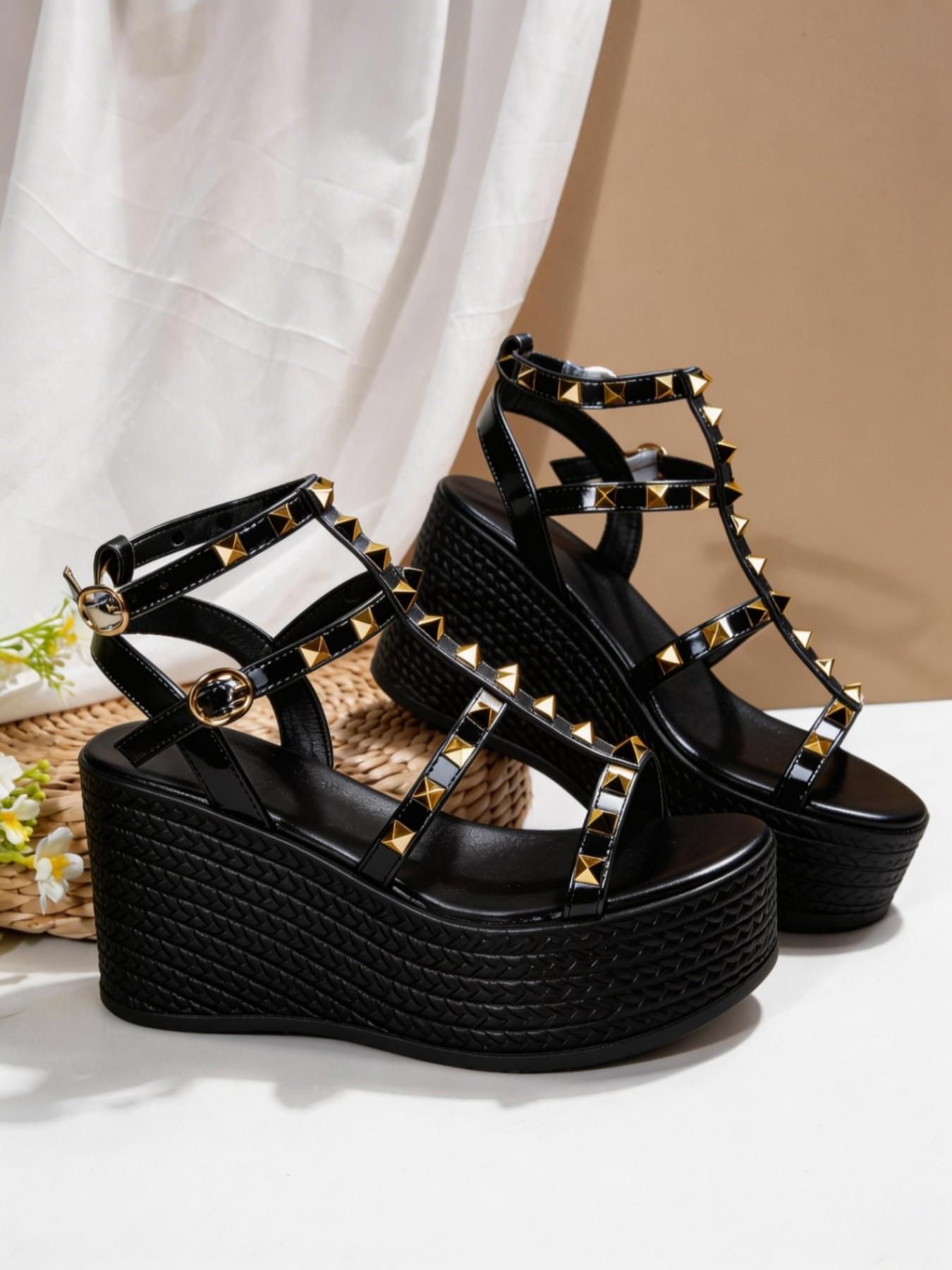 Women's Rivet Heeled Sandals Summer 2026, New T-Strap Thick Sole Platform Shoes, Backless High Heel Roman Shoes, PU Leather, Rubber Sole