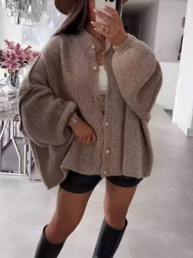 Women's Oversized Knit Cardigan Sweater, Casual Loose-Fitting Round Neck Long Sleeve Drop Shoulder Design, Fall Winter Fashion, Knitted Cardigan Tops