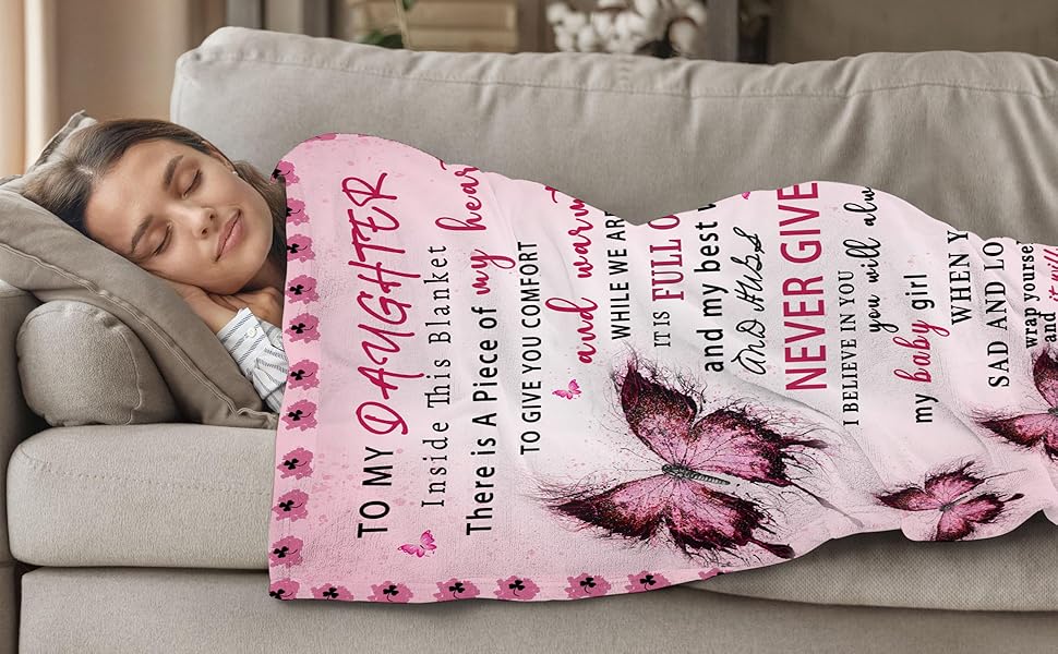 Daughter Blanket from Mom, Daughter Gifts from Mom, Daughters Birthday Gifts, Christmas Birthday Gift for Daughters Adult, Soft Flannel Throw Blanket, Pink Butterfly