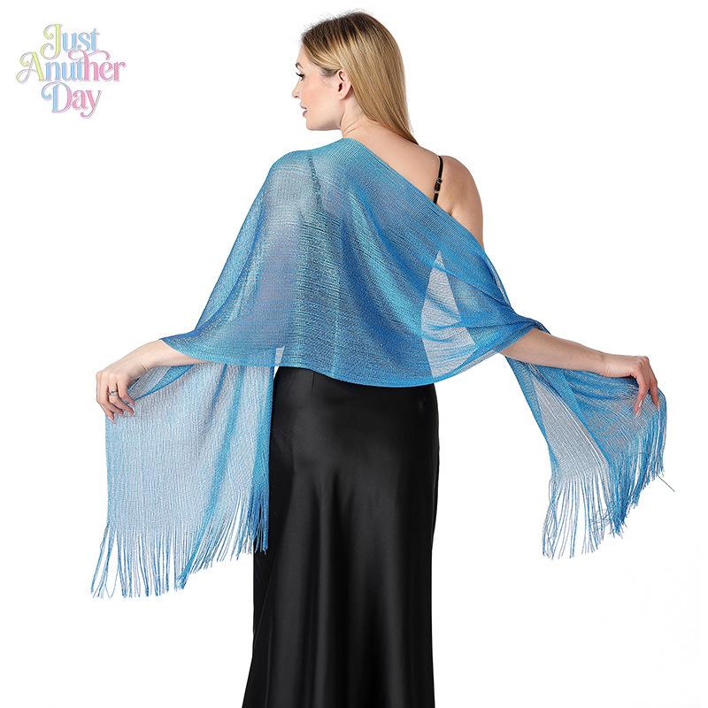 Shimmering Metallic Lurex Evening Shawl with Fringe, Elegant Gold/Silver Sparkly Wrap Stole for Brides, Wedding Guests, Prom & Formal Parties
