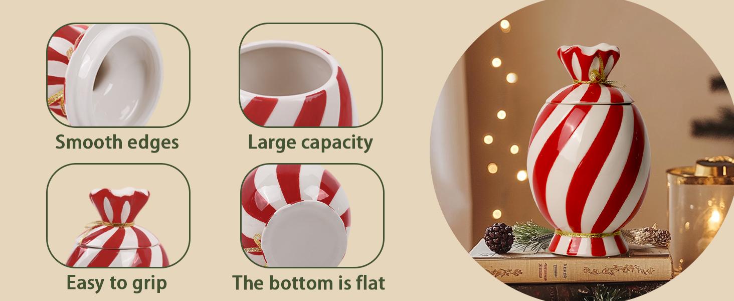 24.2 oz (700ml) Handmade Smooth Ceramic Christmas Canister Set, Candy-Design Lidded Containers for Food Storage, Kitchen & Home Supplies Organizer Gift for Coffee Grounds or Countertop Utensils