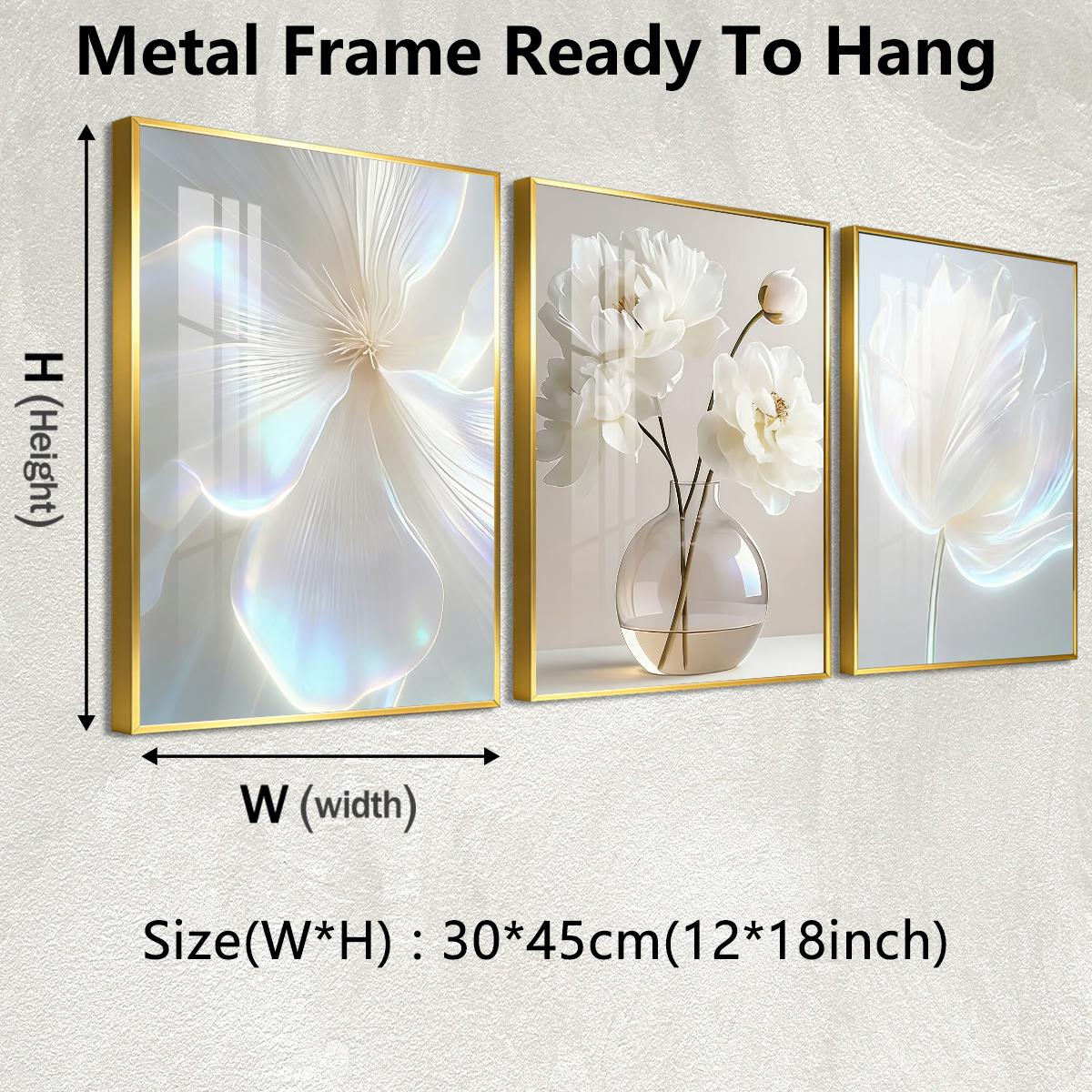 3 Counts Aluminum Alloy Framed Painting, White Floral Vase Artwork, Home Decoration For Living Room, Bedroom, Office, Restaurant, Hallway Wall Decor, Odorless Print Artwork, Luxury Perfect Gift For Friends And Family