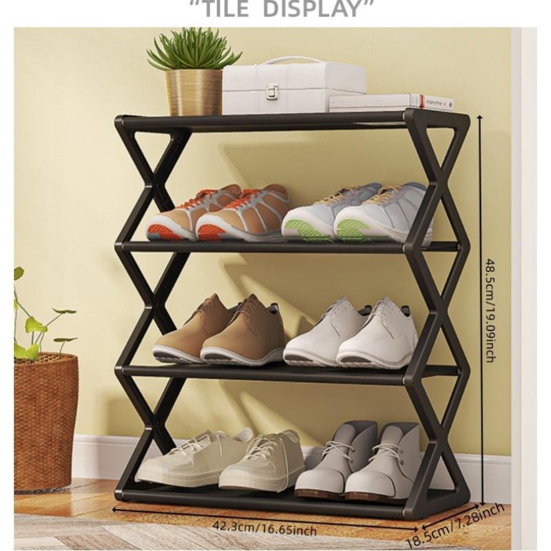 4-Tier Self-Assembly Shoe Rack, Adjustable Multi-Purpose Storage Shelf for Shoes Plants Books, Room Organizer Metal X-Shaped Stand, Shoe Organization Rack
