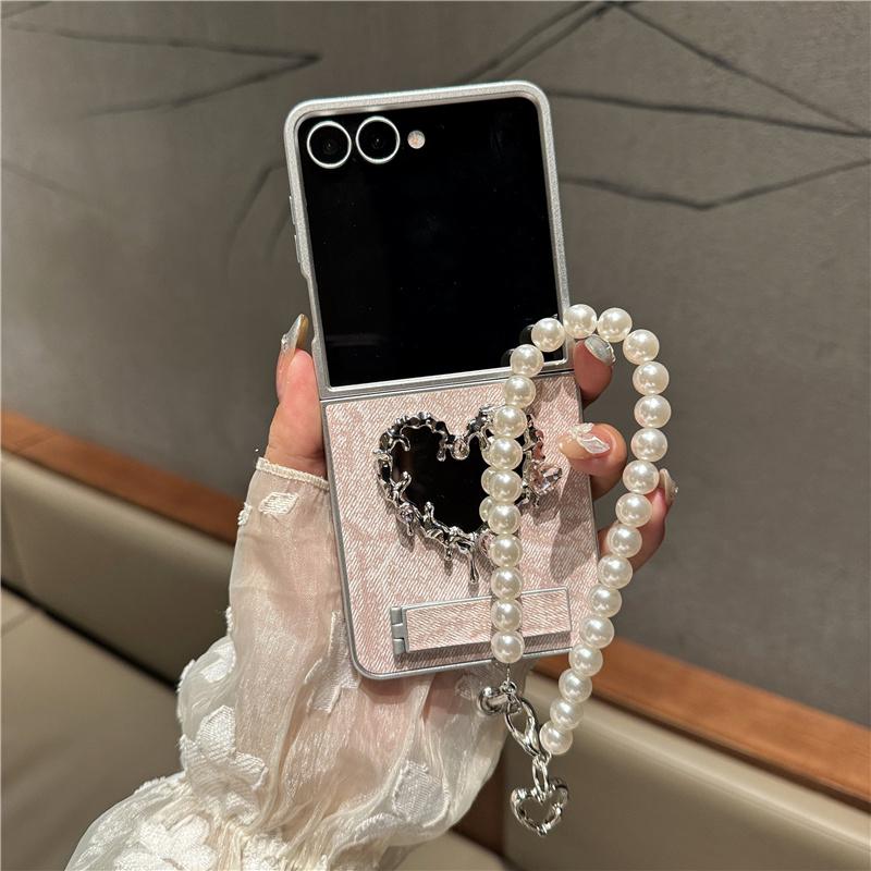 Korean Cute Heart Mirror Stand Phone Case For Samsung Galaxy Z Flip 7 6 5 4 3 Flip6 Flip7 Cover with Chain Denim Cute Cases Capa