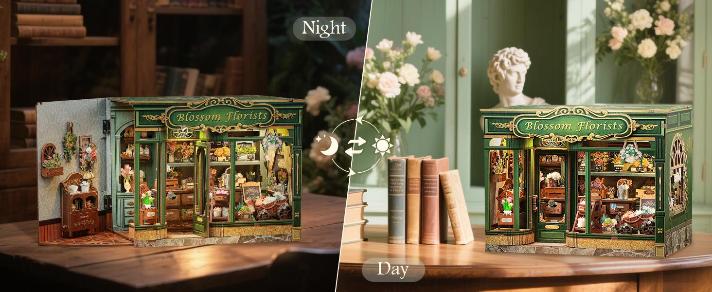 CUTEBEE DIY 3D Book Nook Kit Blossom Florists – Miniature Wooden Flower Shop Dollhouse, Handmade Tiny House Bookshelf Decor | Holiday, Christmas and Black Friday Gift