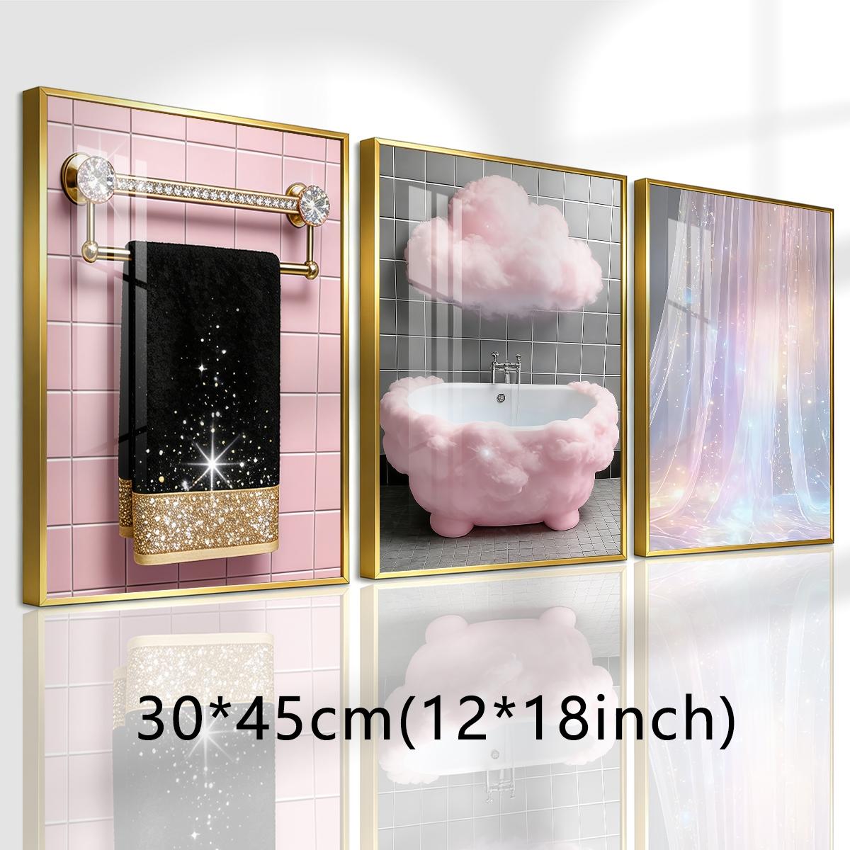 3 Counts Aluminum Alloy Framed Painting, Sparkling Bathroom Luxury Cloud And Curtain Art Pictures, Home Decoration For Living Room, Bedroom, Office, Restaurant, Hallway Wall Decor, Odorless Print Artwork, Luxury Perfect Gift For Friends And Family