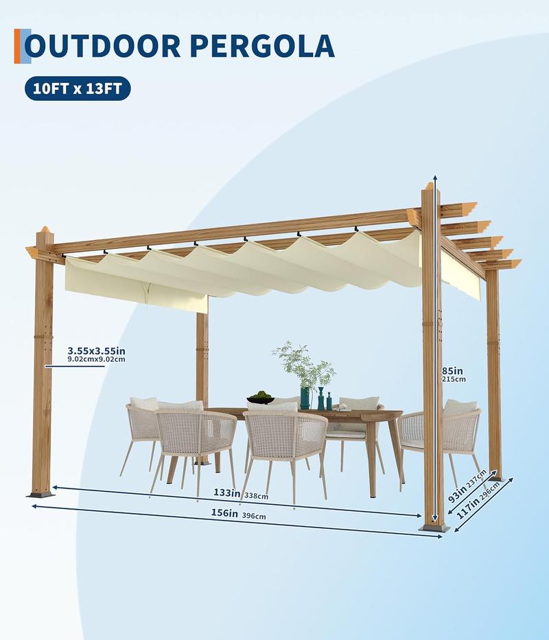 10X10 FT / 10X13 FT Wood-Grain Aluminum Pergola Outdoor Pergola with Retractable Canopy Sun Shade Shelter for Garden, Patio, Backyard, Deck
