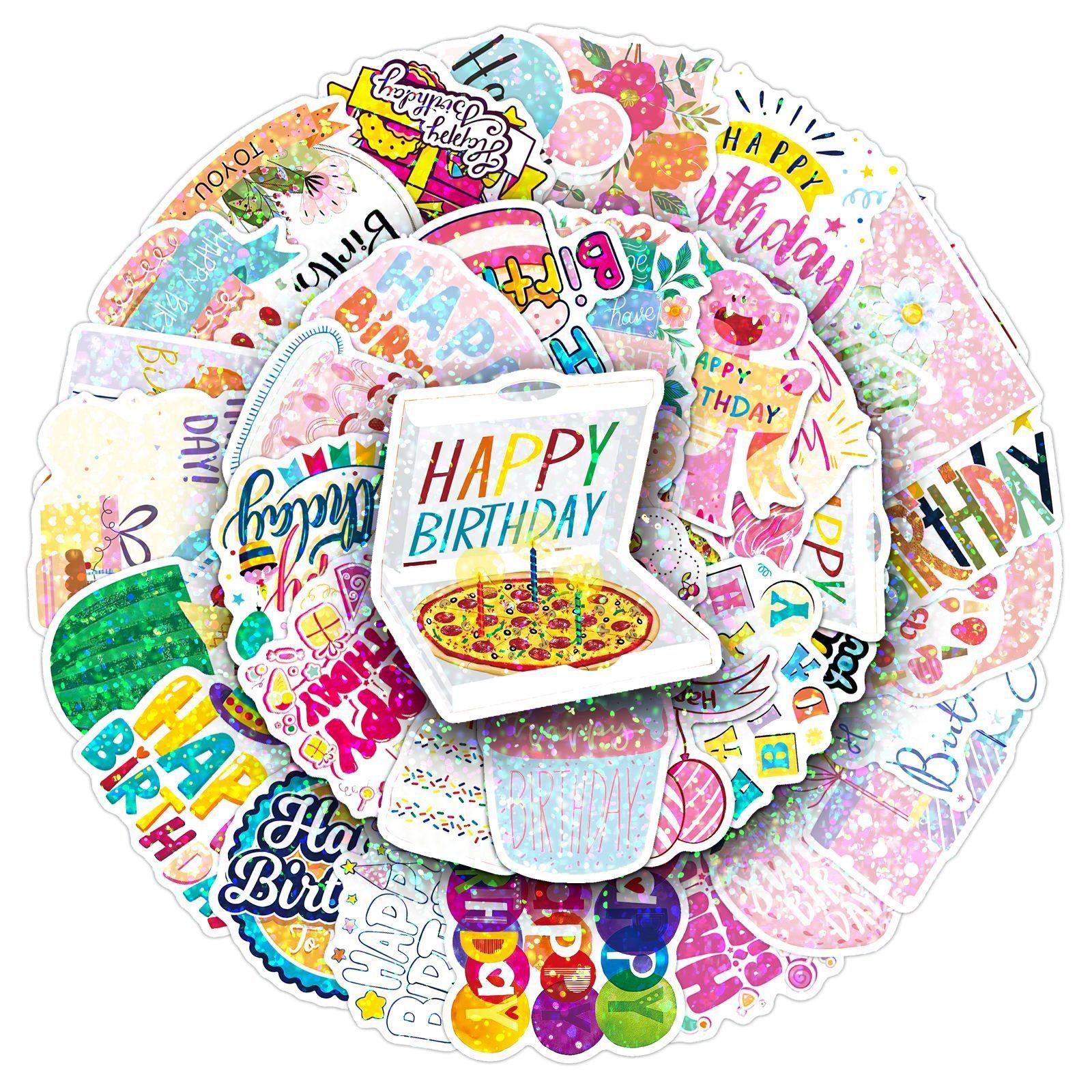 50pcs Happy Birthday Stickers, Colorful Party Waterproof Vinyl Decals, Cute Birthday Cake Balloon Stickers, Birthday Gift Pack for Teens Adults