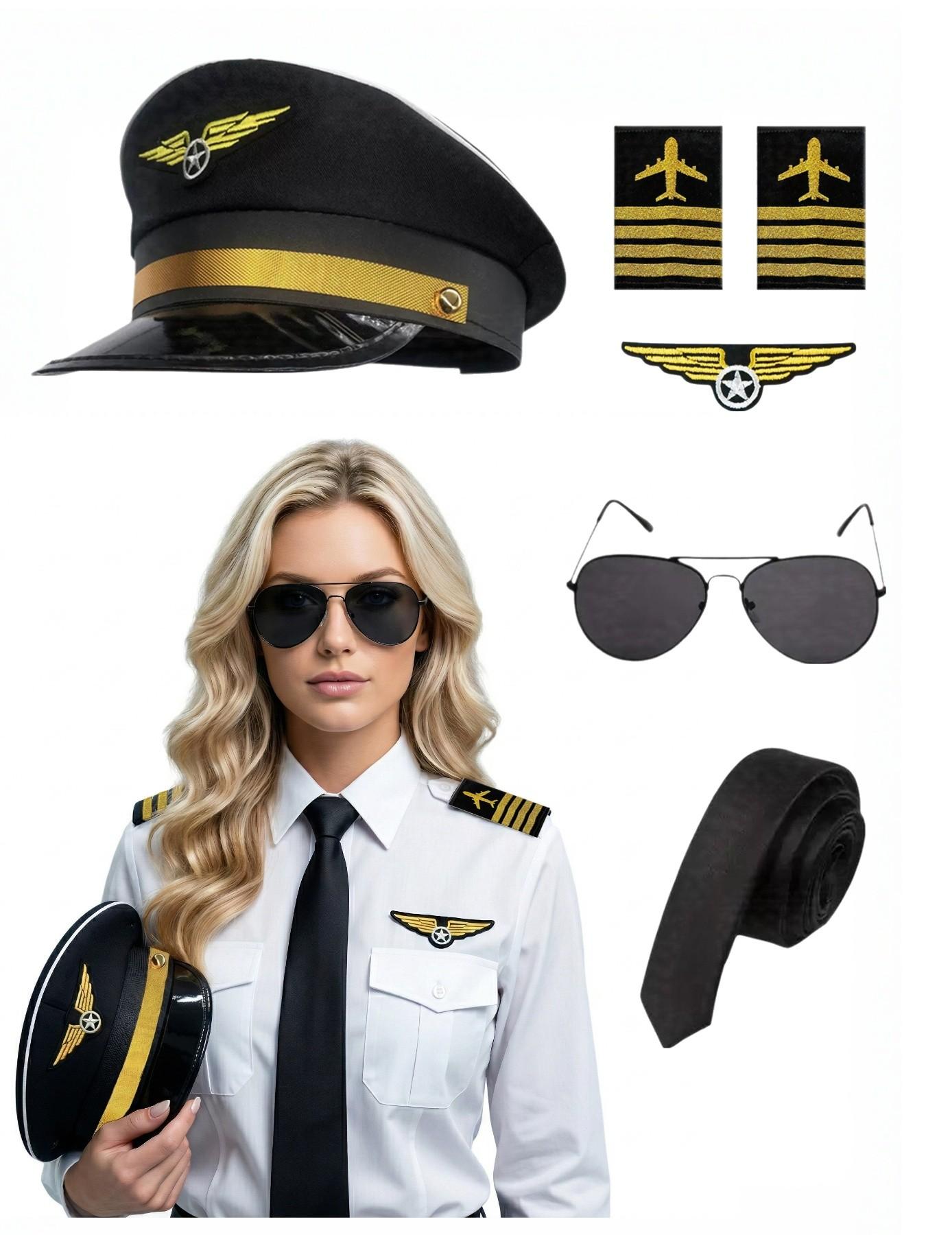 5-Piece Cosplay Pilot Costume Set for Women, Includes Hat, Badge, Shoulder Patch, Tie, Sunglasses, Gloves, Perfect for Halloween Parties