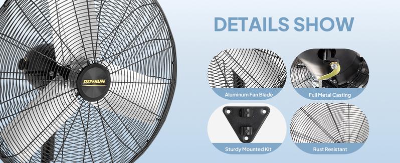 ROVSUN 18/20/24/30 Inch Industrial Wall Mounted Fan, Max 10600 CFM High Velocity Wall Mount Fan, Heavy Duty Fan w/ 3 Speed Settings, Aluminum Fan Blade & Dual Ball Bearing Motor,Wall Fan For Garage, Gym, Piano