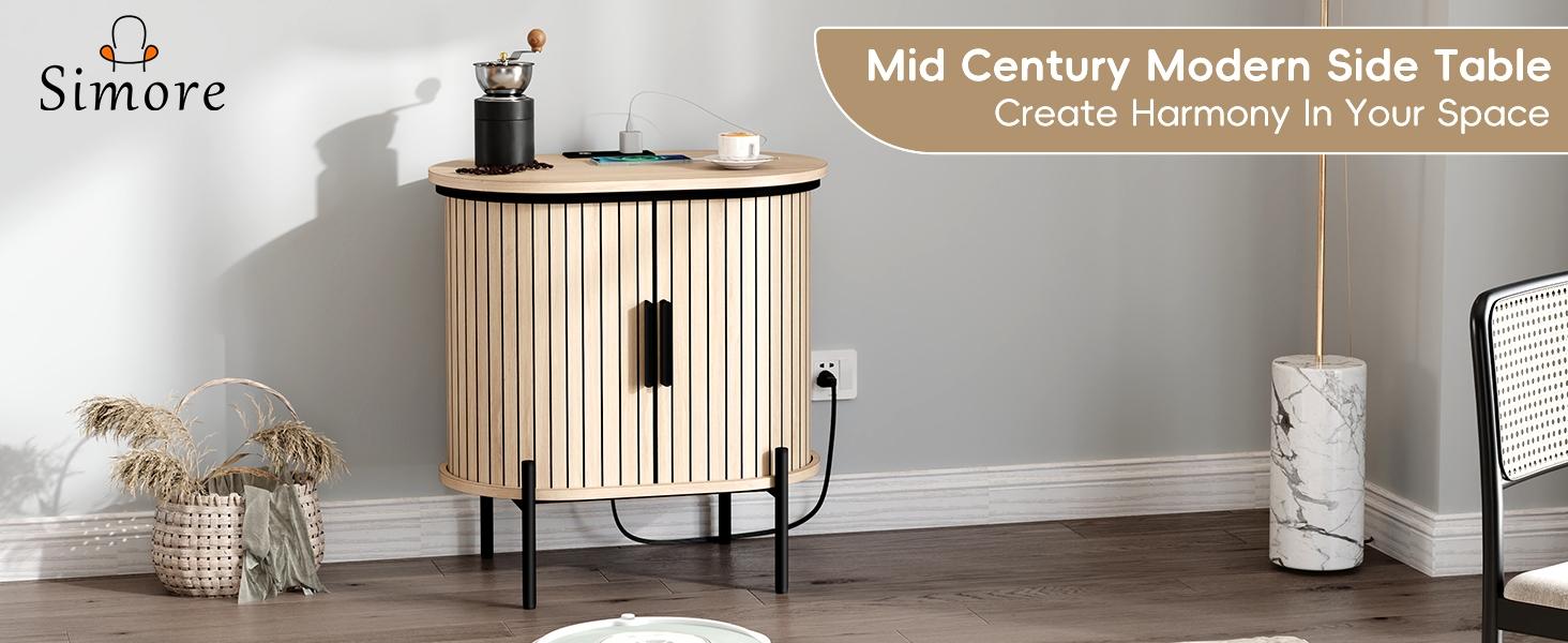 [SpringStatements] EBELLO Grooved End Table with Charging Station, Mid-Century Modern Nightstand, Entryway Cabinet for Living Room, Bedroom, Small Spaces, Walnut