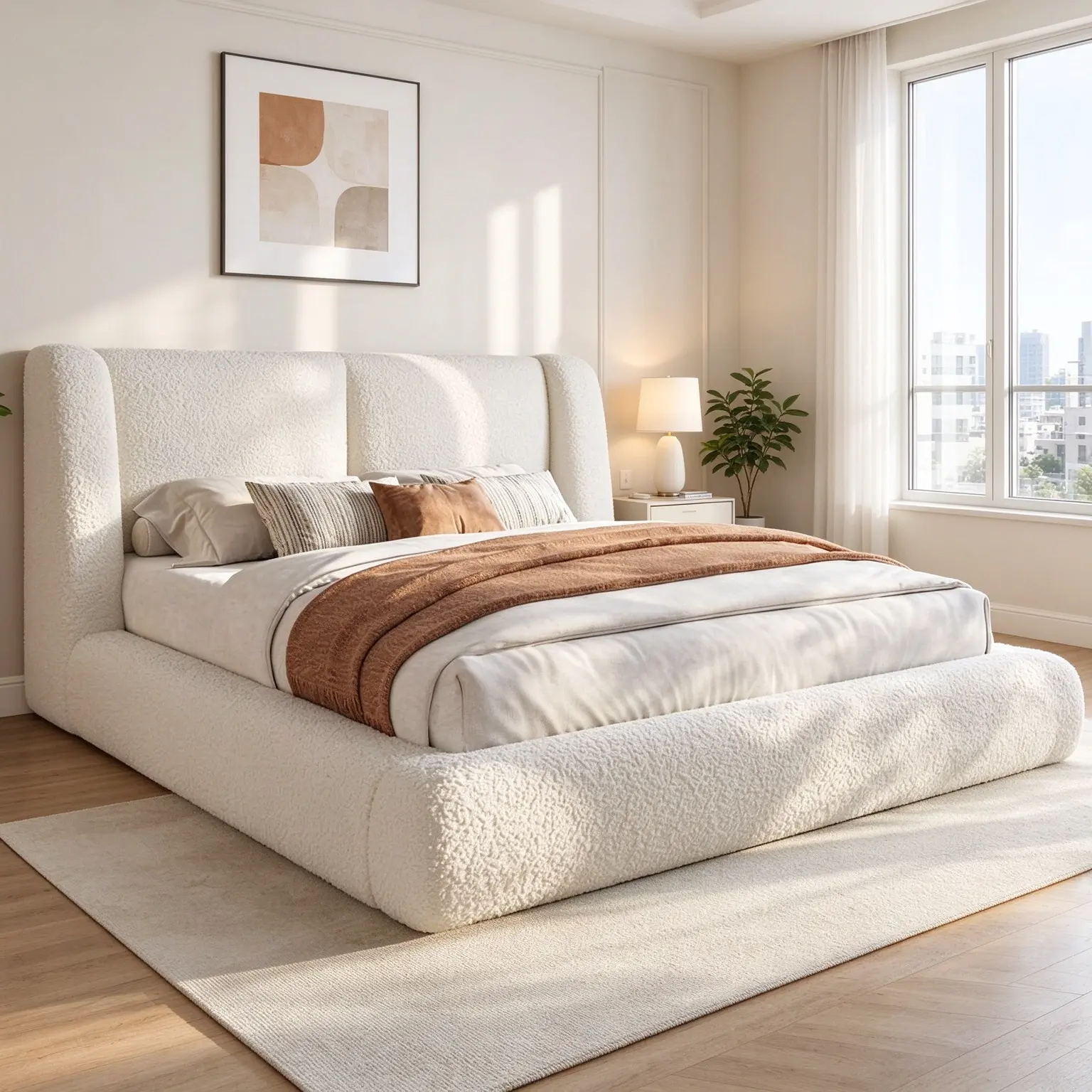 Cloud Bed Frame With 4-Inch Thick Headboard Protection, Upholstered Soft Bed Frame With Soft Rounded Corners, No Box Spring Needed, Camas, Beige  queen size luxury bedroom furniture metal