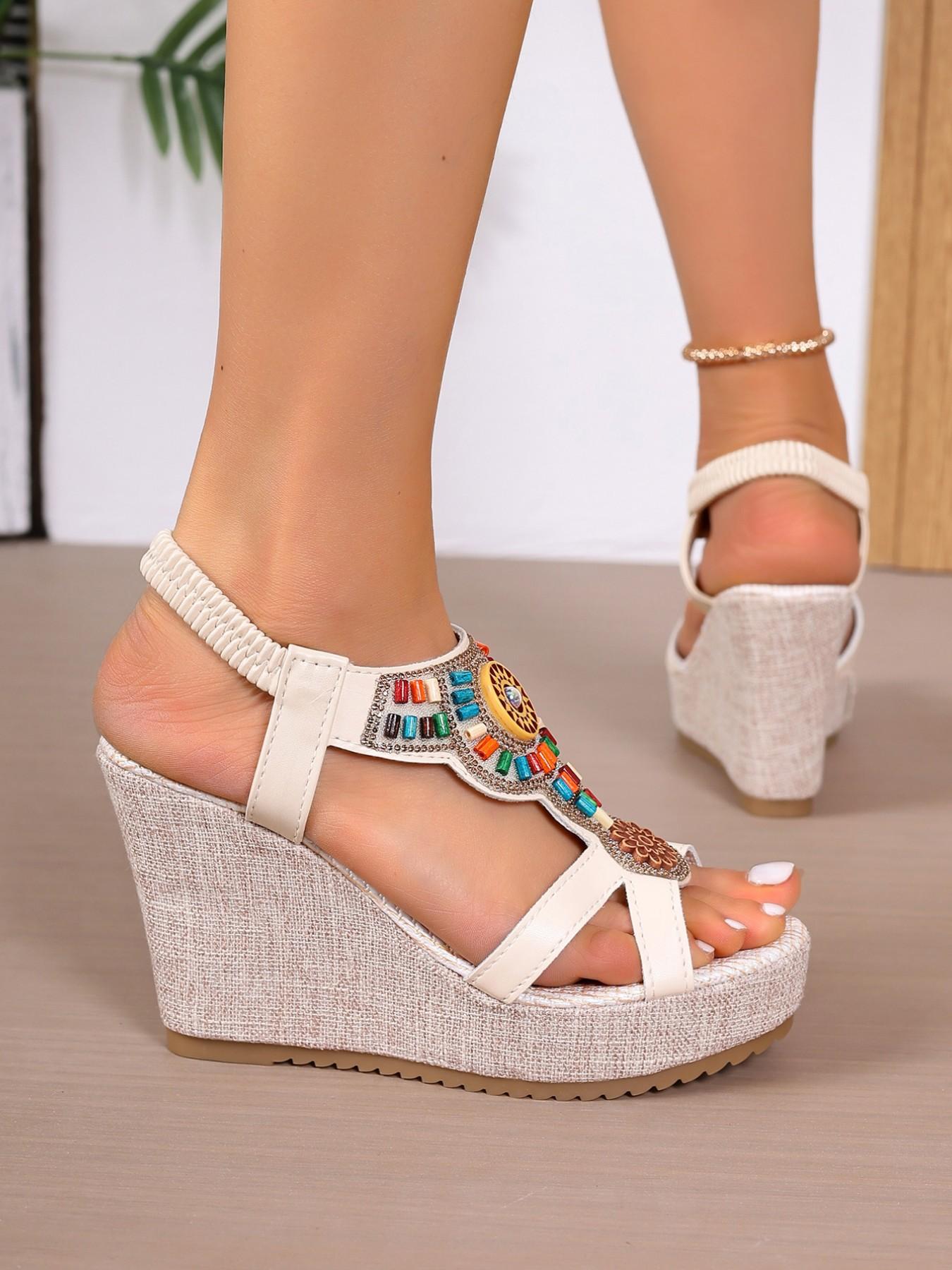 2026 Summer New Bohemian Style Wedge Sandals for Women, Ethnic Beaded Thick Sole Waterproof Platform Roman Shoes
